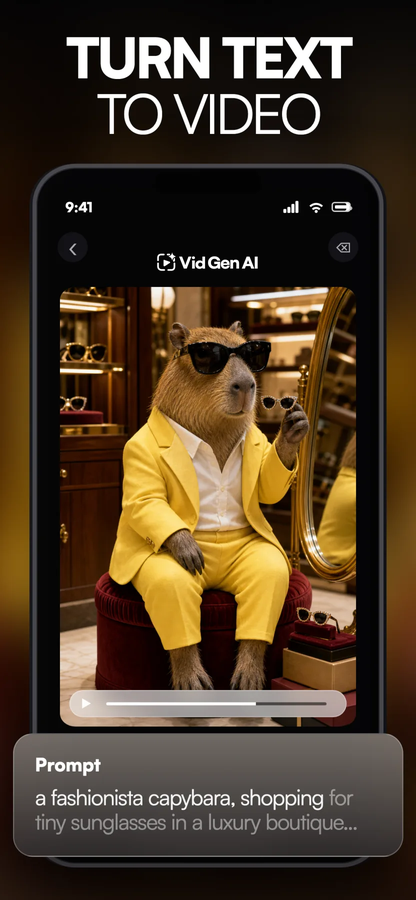 Vid Gen AI text-to-video App Store preview with a stylish capybara