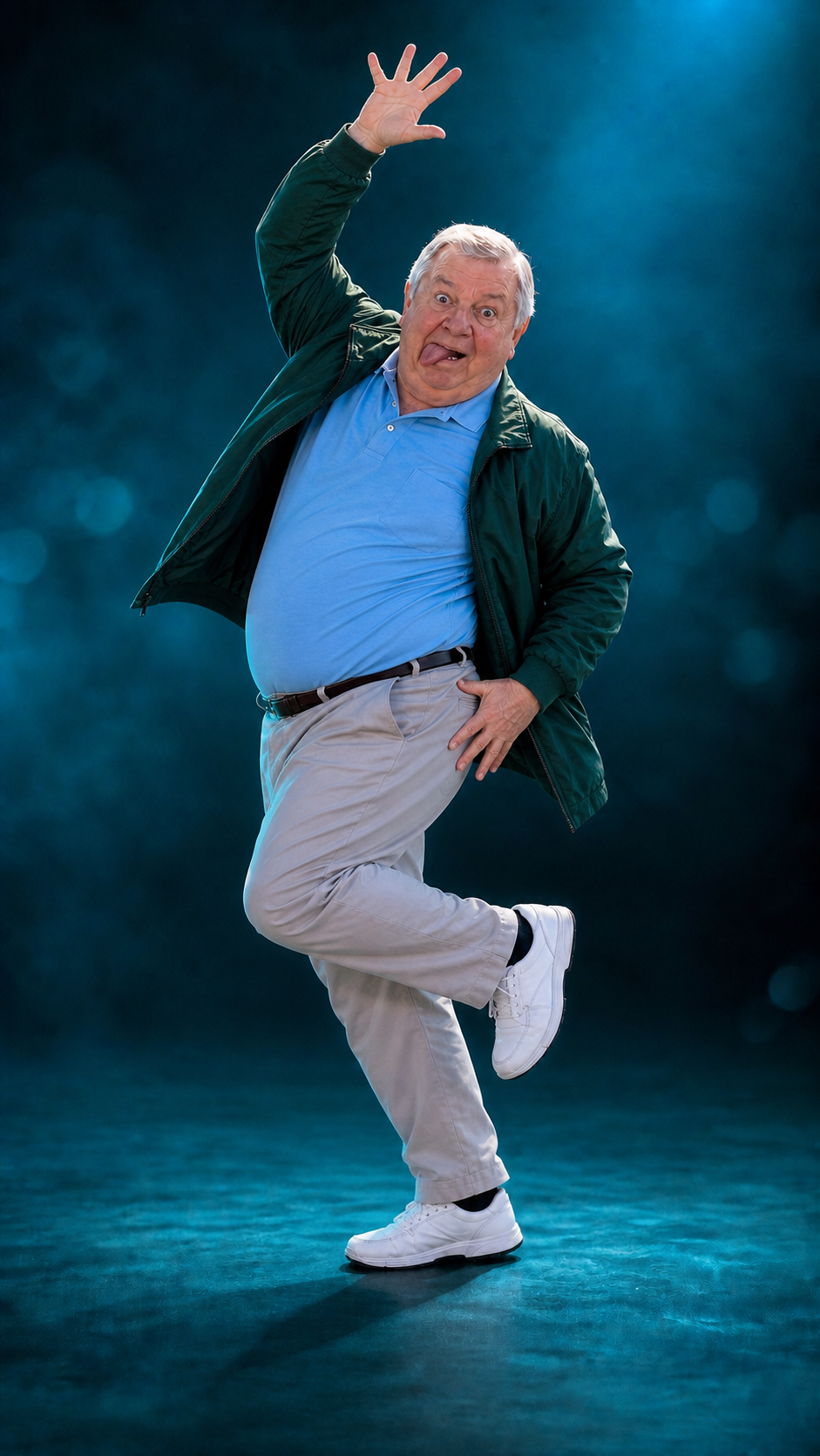 The same man performing a deliberately ridiculous viral dance in a teal studio