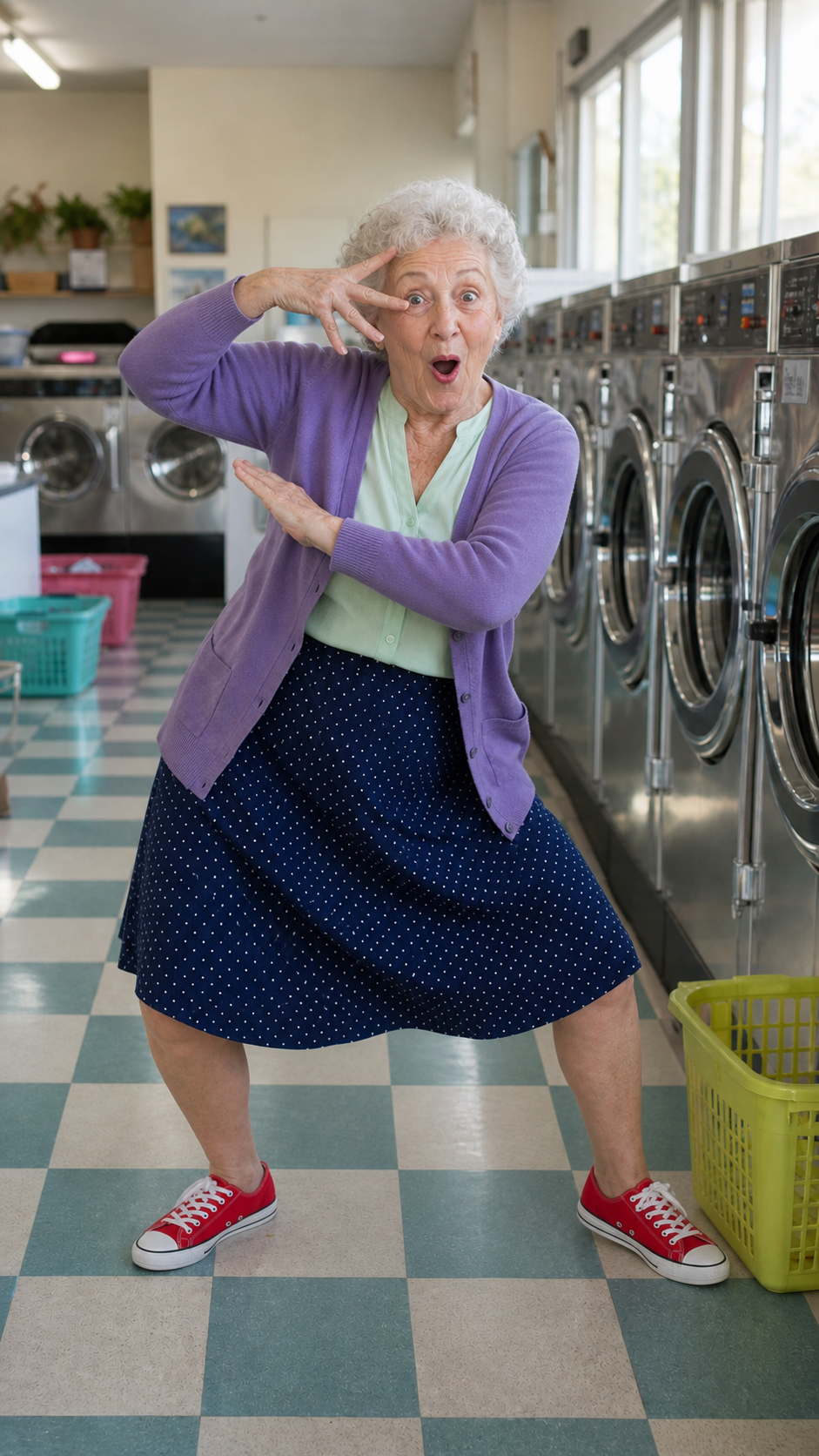 The same grandmother performing an outrageous hip-hop dance in a laundromat
