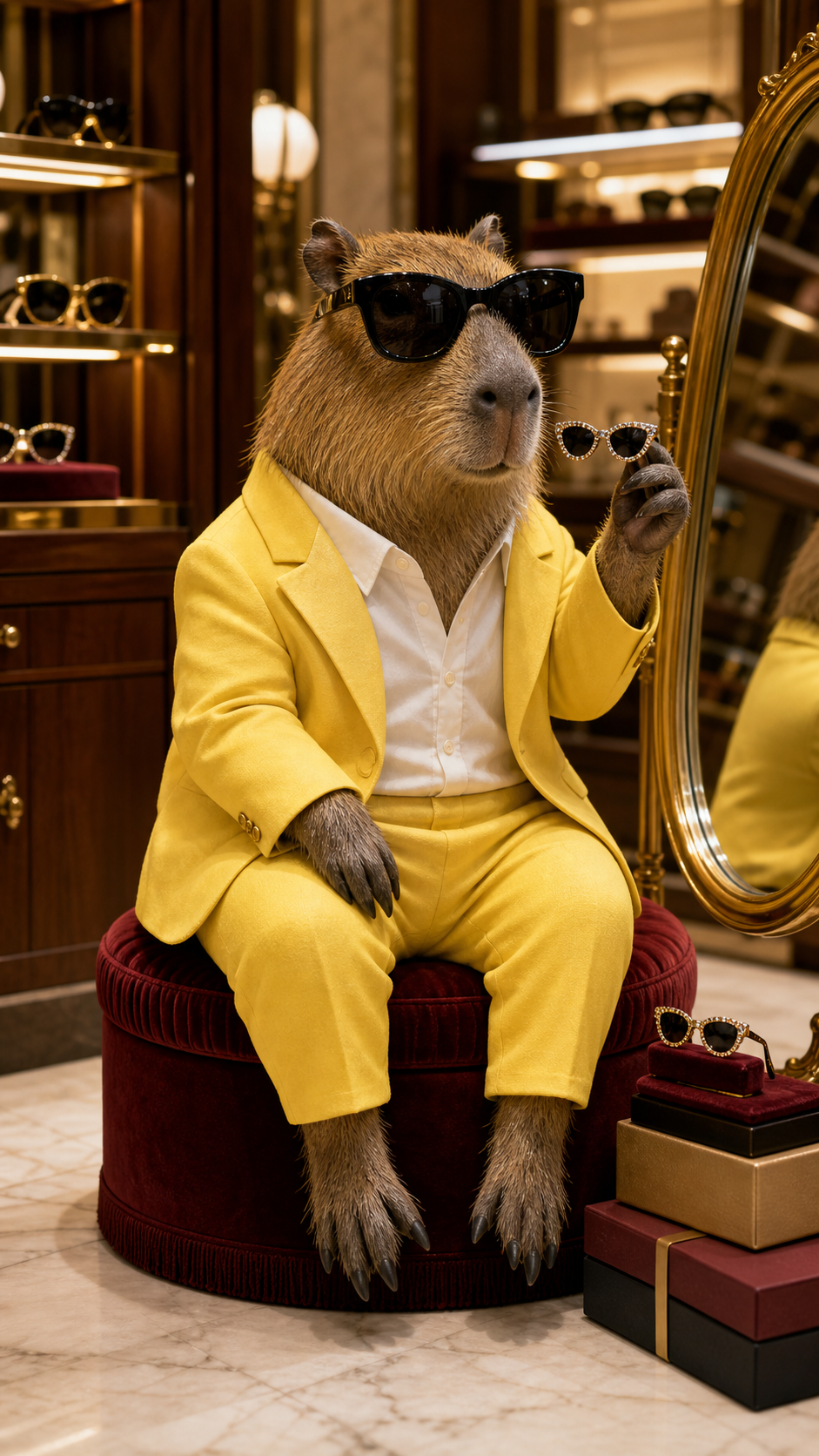 A fashionable capybara shopping for tiny sunglasses in a luxury boutique