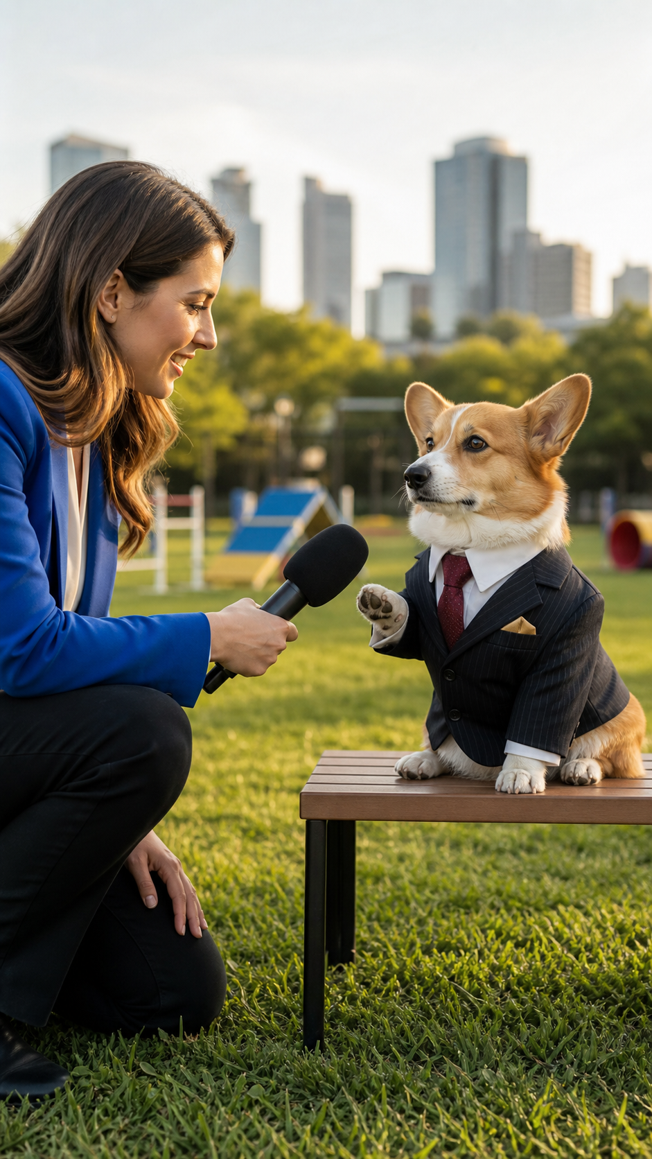 A serious reporter interviewing a corgi dressed as a business executive
