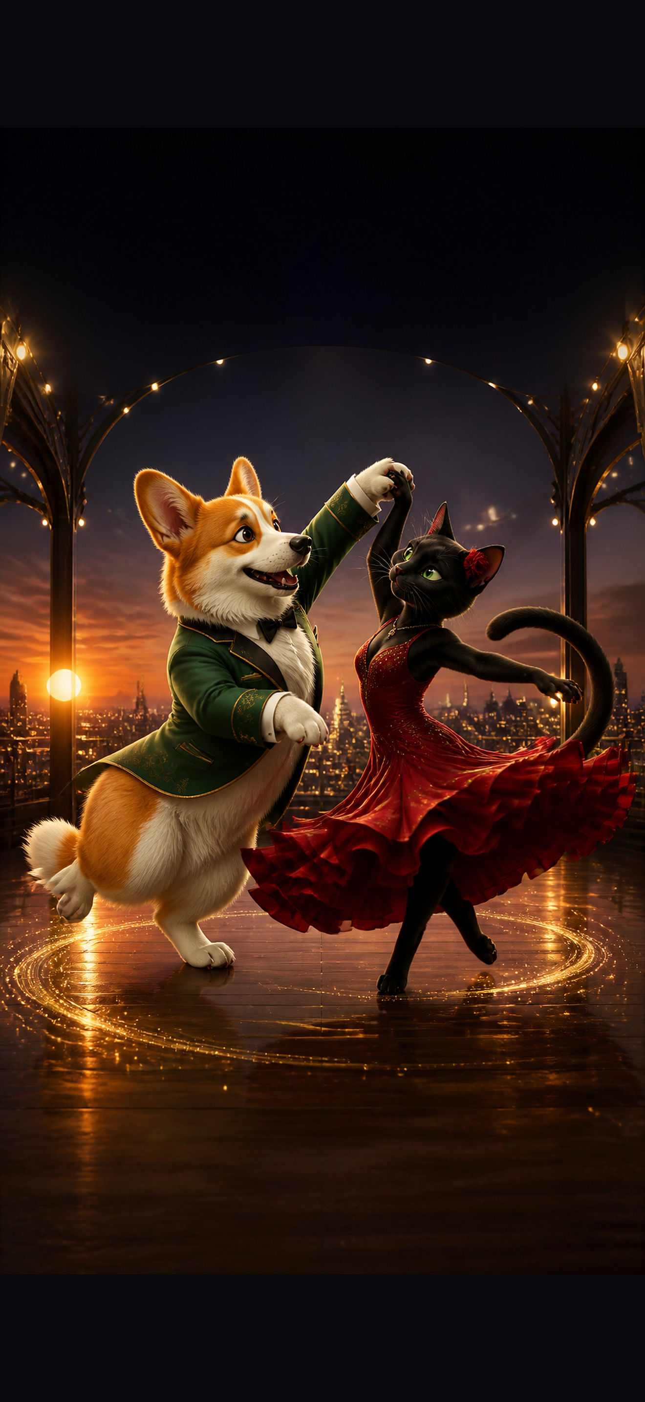 An original animated corgi and black cat performing a salsa spin